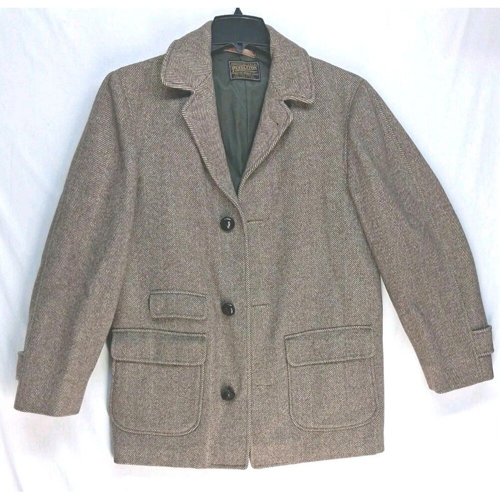 Vintage 50s Pendleton Mens Med Brown Herringbone Wool Jacket Winter Old Money